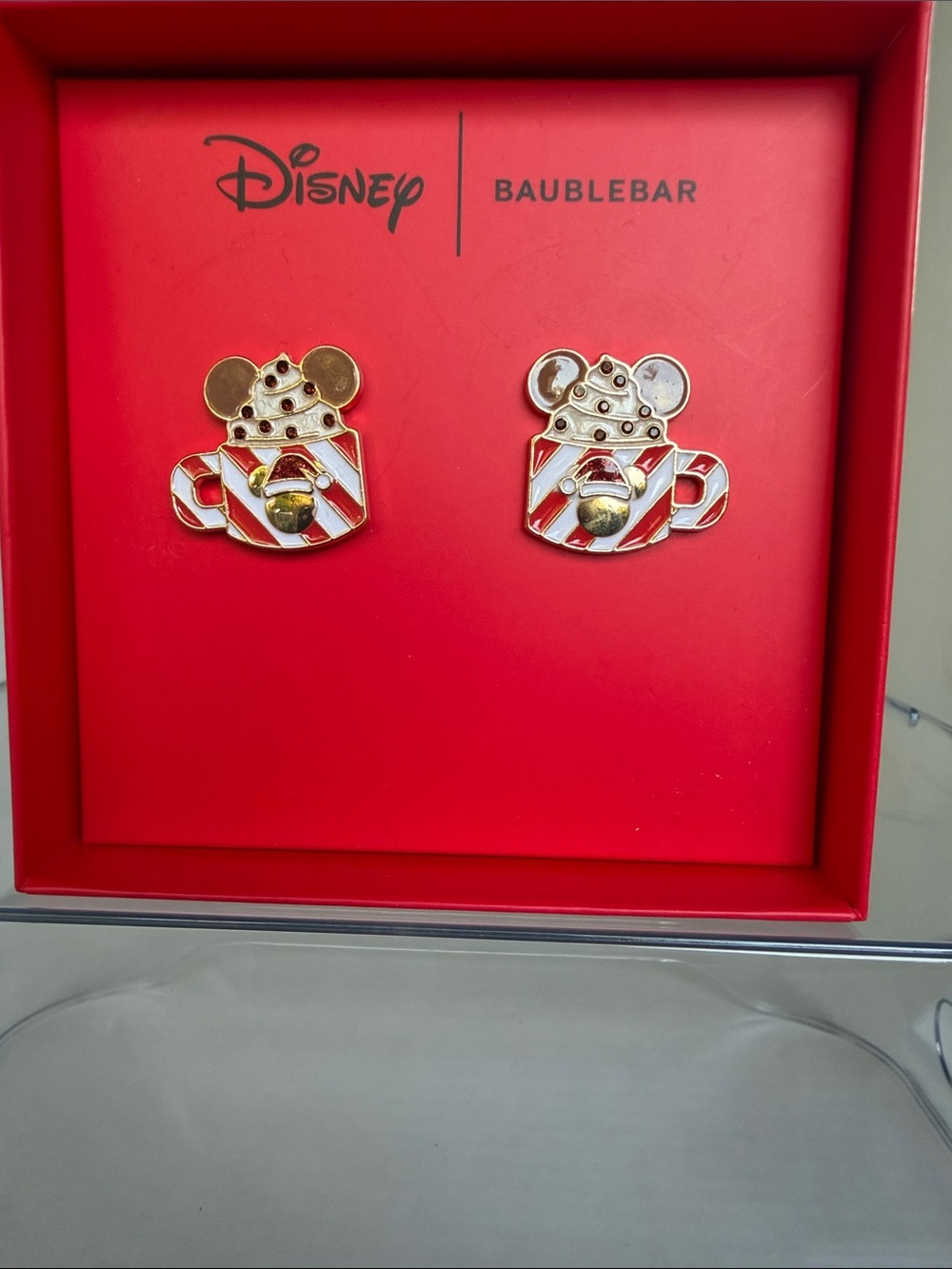 Disney BaubleBar Red & White Striped Mickey Hot Cocoa Stud Earrings NIB